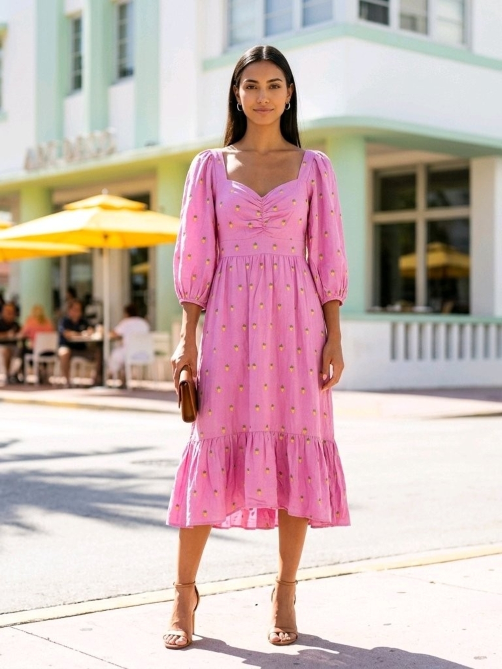 FARM Rio Pink Midi Dress with Yellow Pineapple Dot Accents